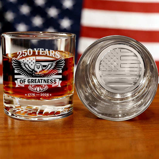United States 250th Anniversary Whiskey Glass with American Eagle - Laser Engraved Bourbon Glass, Patriotic Gift, Whiskey for Dad, Men, Veteran - America 250 Merchandise, USA Flag Icon