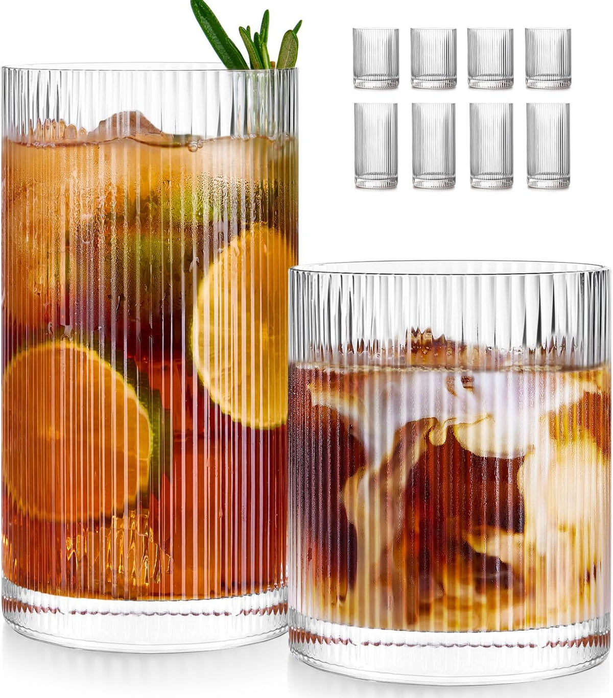 Ribbed Drinking Glasses Cups Set of 8 Large Capacity Highball 17oz&12oz - 17oz-12oz-set 8