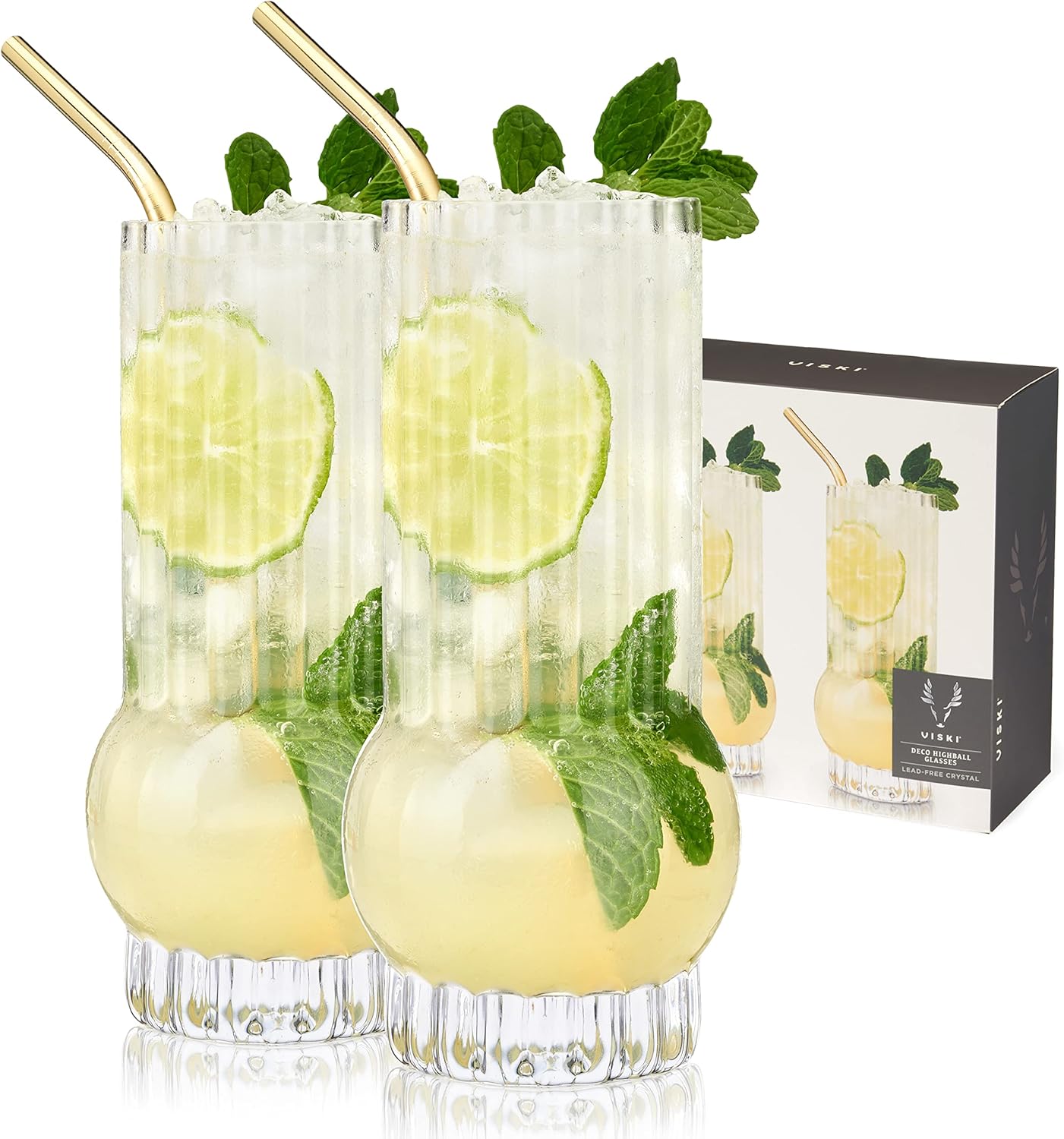 Viski Deco Crystal Island Highball Glasses Set of 2 - Premium Crystal Mojito and Gin and Tonic Glasses, Highball Cocktail Glassware Gift Set, 13 oz