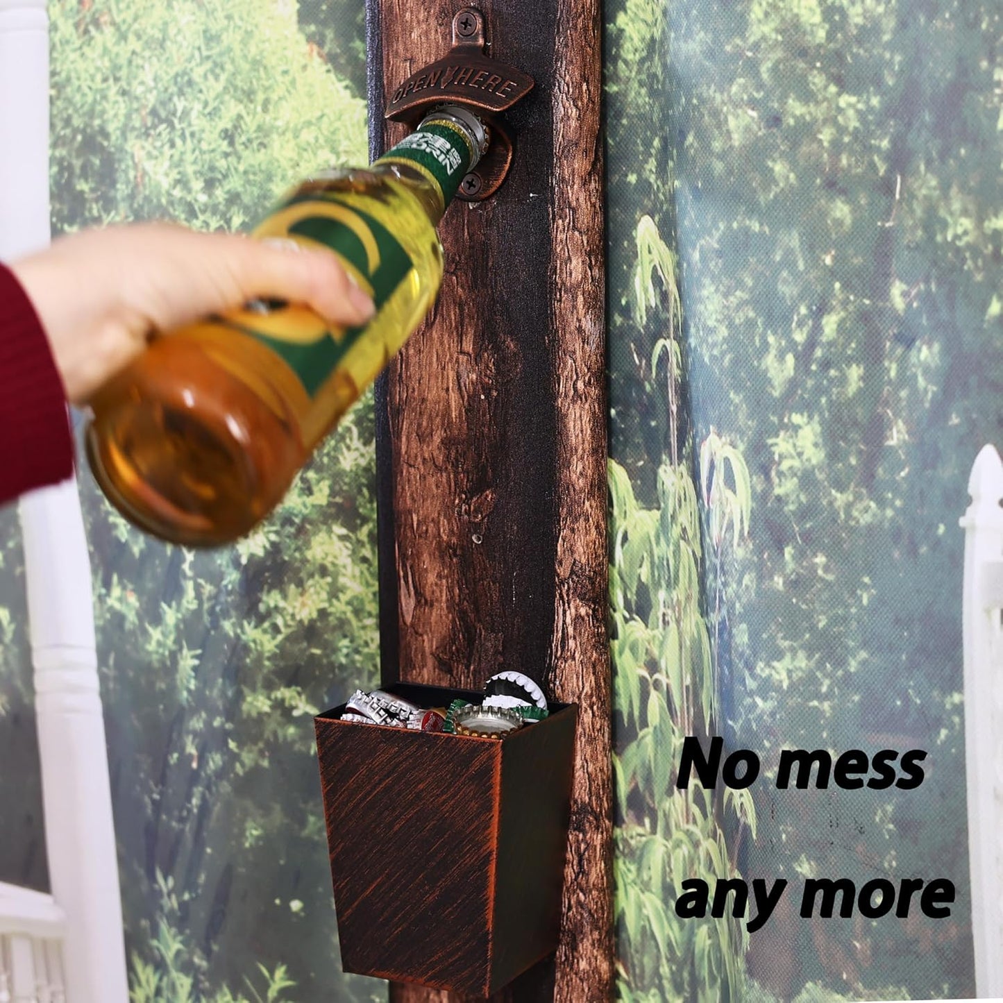 Vintage Bottle Opener Wall Mount and Cap Catcher with Drain Opening, Antique Copper Mountable Soda Bottle Opener and Top Holder for Garage Patio Bar