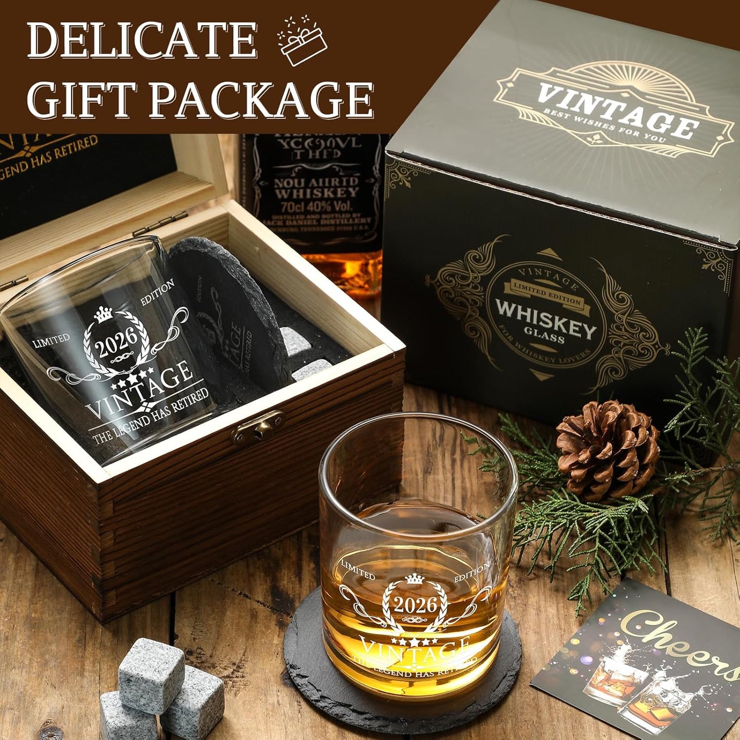 Retirement Gifts for Men Whiskey Glass Set - The Legend Has Retired 2026 - Retirement Party Decorations, Supplies - Gifts Ideas for Him, Dad, Husband, Friends - Wood Box & Whiskey Stones & Coaster