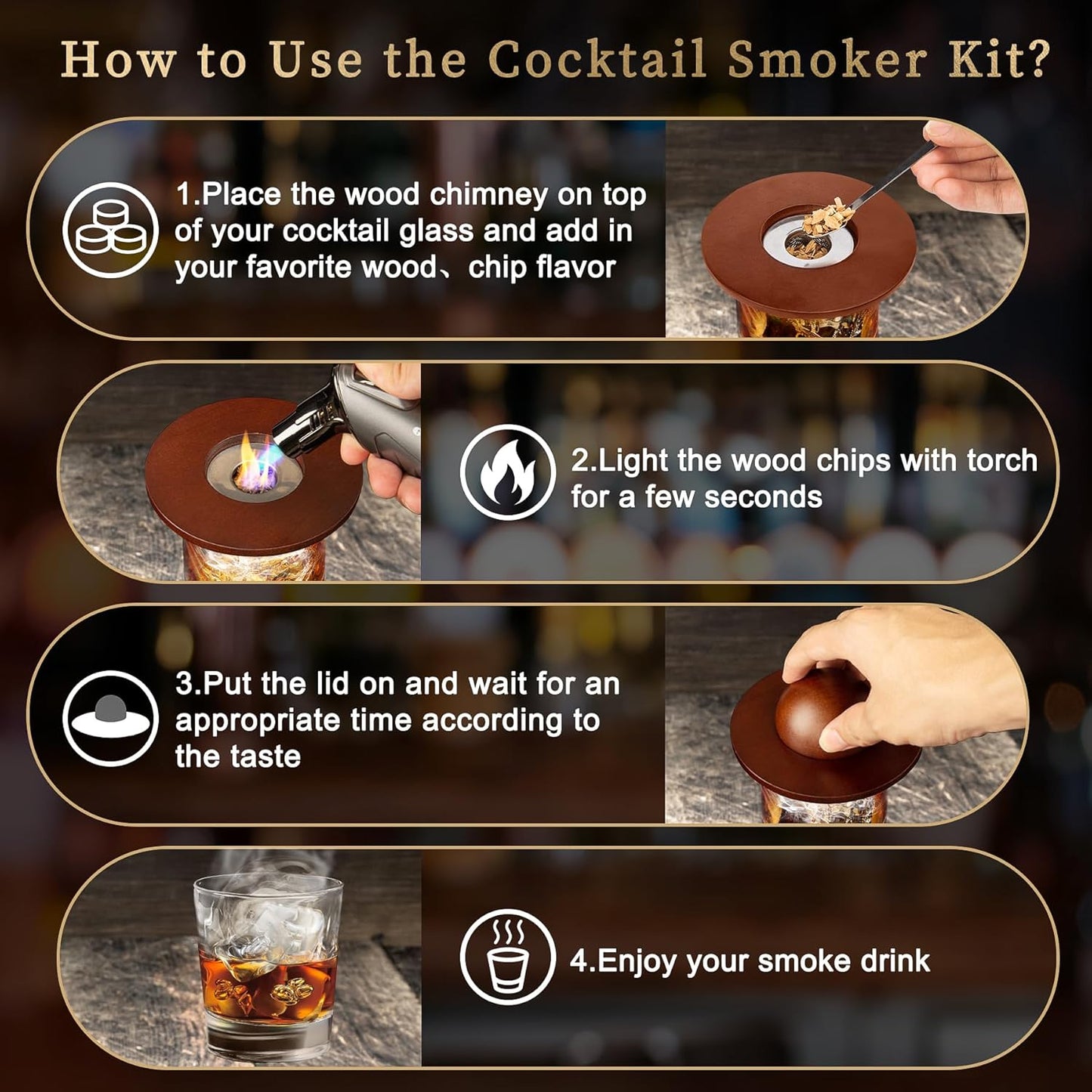 Whiskey Smoker Kit,Cocktail Smoker Kit with Torch,Bourbon smoker kit,Old Fashioned Smoker kit,Drink Smoker Infuser Kit with Wood Chips,Birthday Whiskey Bourbon Gifts for Men,Dad,Husband