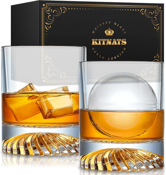 KITNATS Hand Blown Crystal Old Fashioned Whiskey Glasses Rocks Glasses Drinking Cocktail Bourbon Scotch Rum Vodka Liquor 12 OZ - set of 2 Gifts for Men