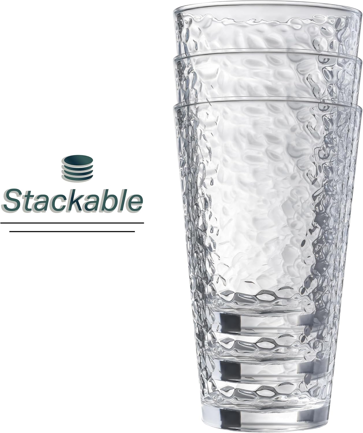 Set of 10 Hammered Glass Cups, 16oz. Dishwasher Safe Cocktail Drinking Glasses - Clear Heavy Base Stemmed Water Glasses, Tall Beer Glasses, Bar Glass, Juice, Iced Tea, Margarita, & Everyday Drinks.