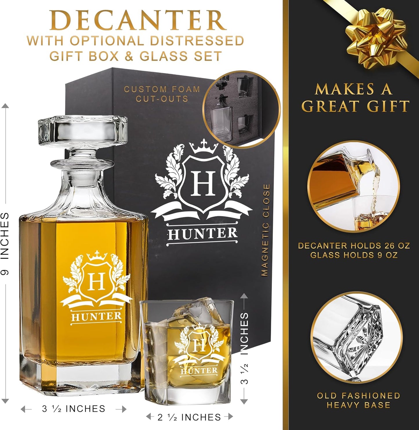 The Wedding Party Store, Personalized Whiskey Decanter and Glasses Set - Custom Monogrammed with Cavalier Design