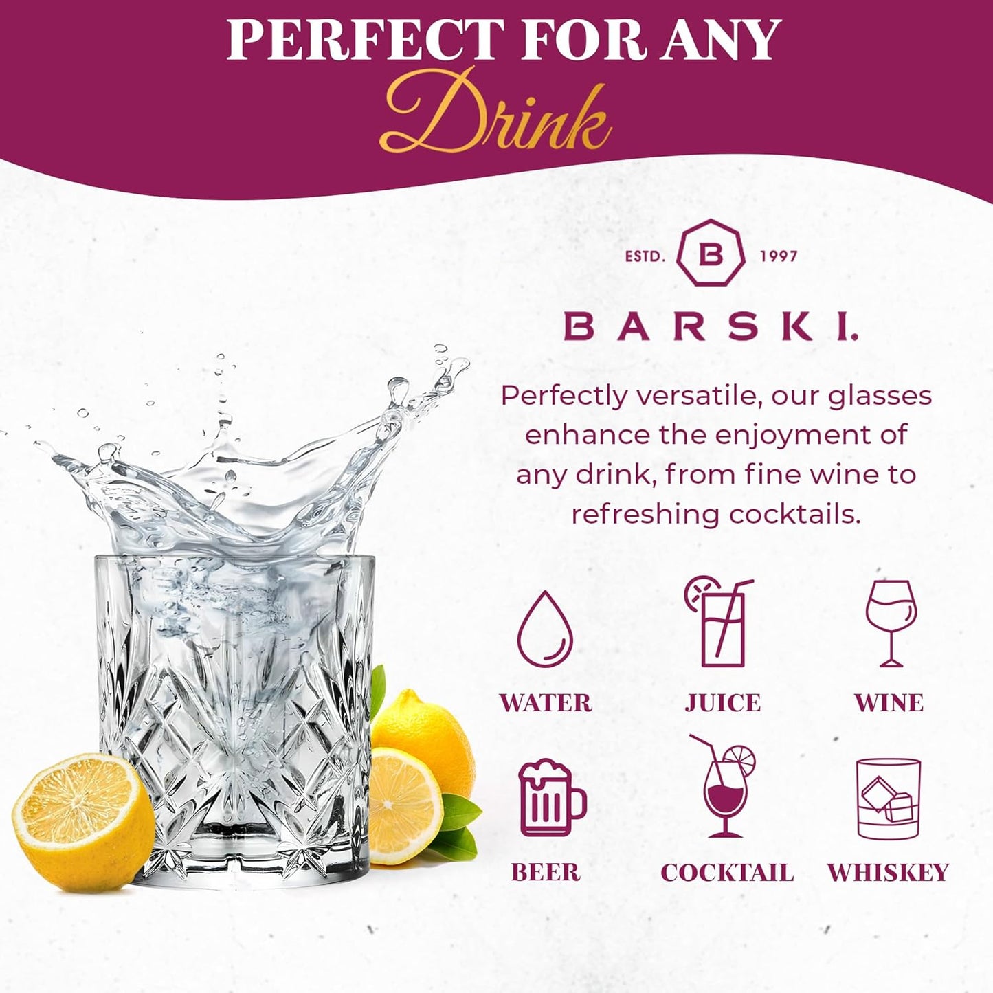 Barski Whiskey Glasses - Double Old Fashioned Rocks Glass - Set of 4 Lowball Tumbler - DOF Crystal Glass Tumblers - For Scotch - Bourbon - Water - Beverage - Drinking Glasses - 10.5 oz, Made in Europe