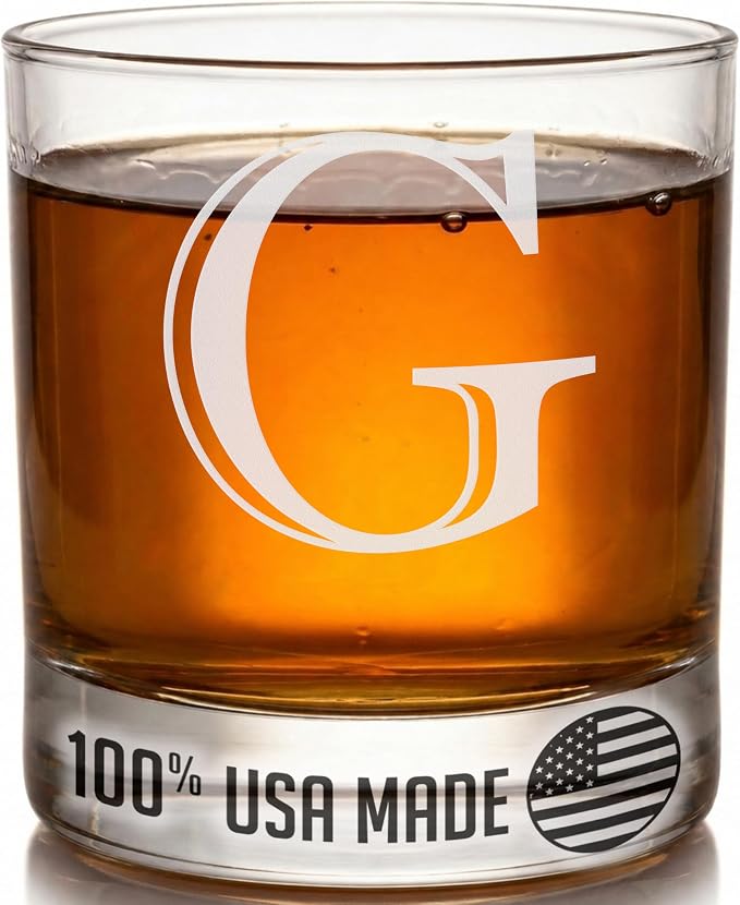 Etched Monogram 11oz Whiskey Rocks Glass (Letter J), A-Z Customized Bourbon Gifts for Men, Father’s Day, Personalized Old Fashioned Scotch Glass, Custom Engraved Gifts for Him, Initial, Name - Clear Etch G