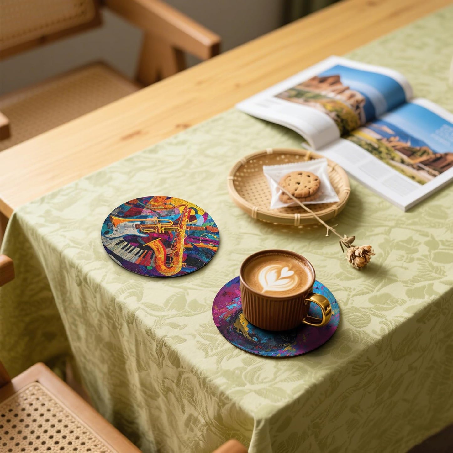 Musical Coasters Leather Round Drink Coasters 6 Pcs Set with Holderor for Cup Drink Coffee Table Bar Home Decor