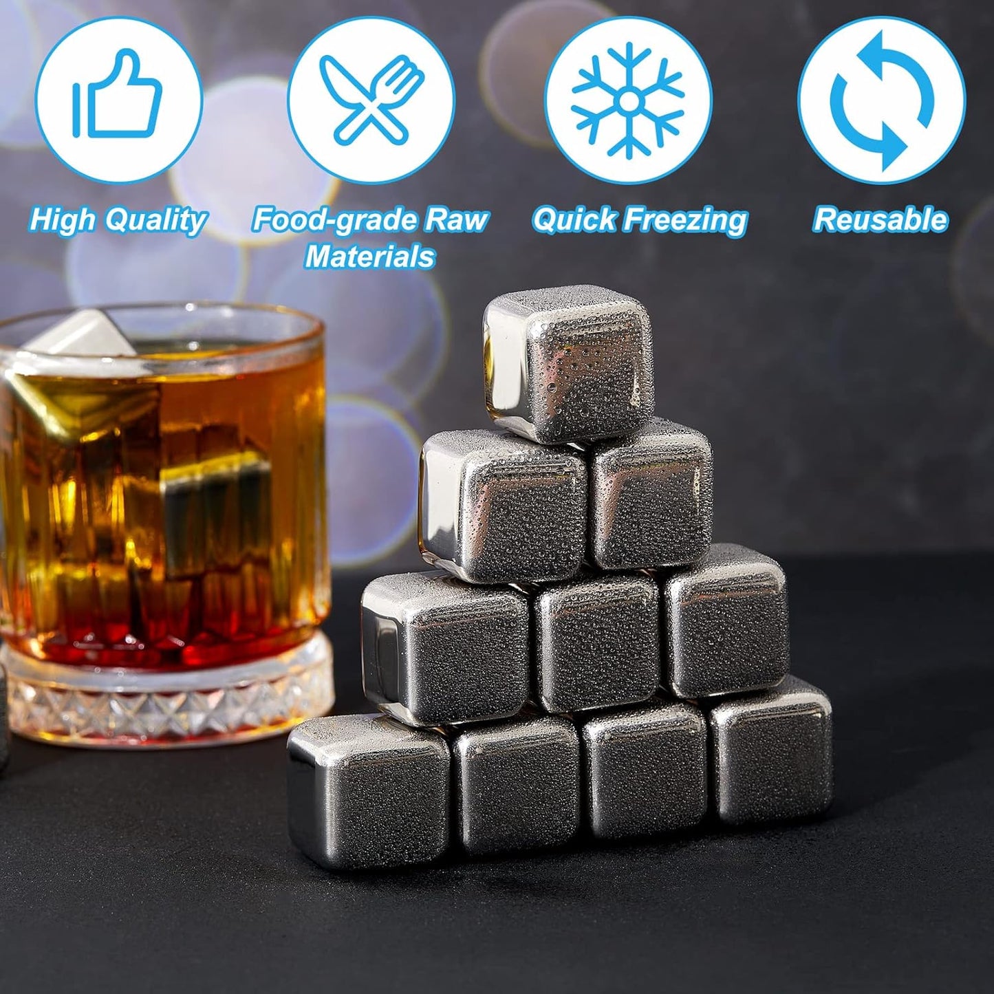 Yexiya 60 Pcs Reusable Stainless Steel Ice Cubes with Tongs Whiskey Cubes Vodka Metal Rocks Tool Ice Stones Rocks for Summer Drinks Chilling Whiskey Iced Coffee Vodka Liqueurs Wine Not Solid