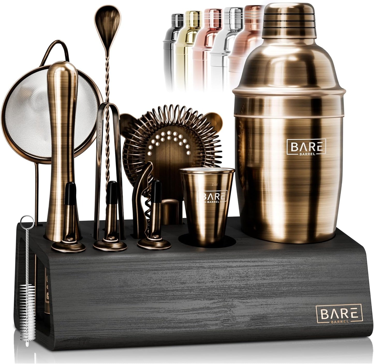 BARE BARREL® Mixology Bartender Kit Bar Set | 14-Piece Cocktail Shaker Set | Martini Barware Mixing Tools for Home Bartending | Incl. 35 Recipe Cards | Gift Set (24oz Cobbler Shaker, Brass/Black)