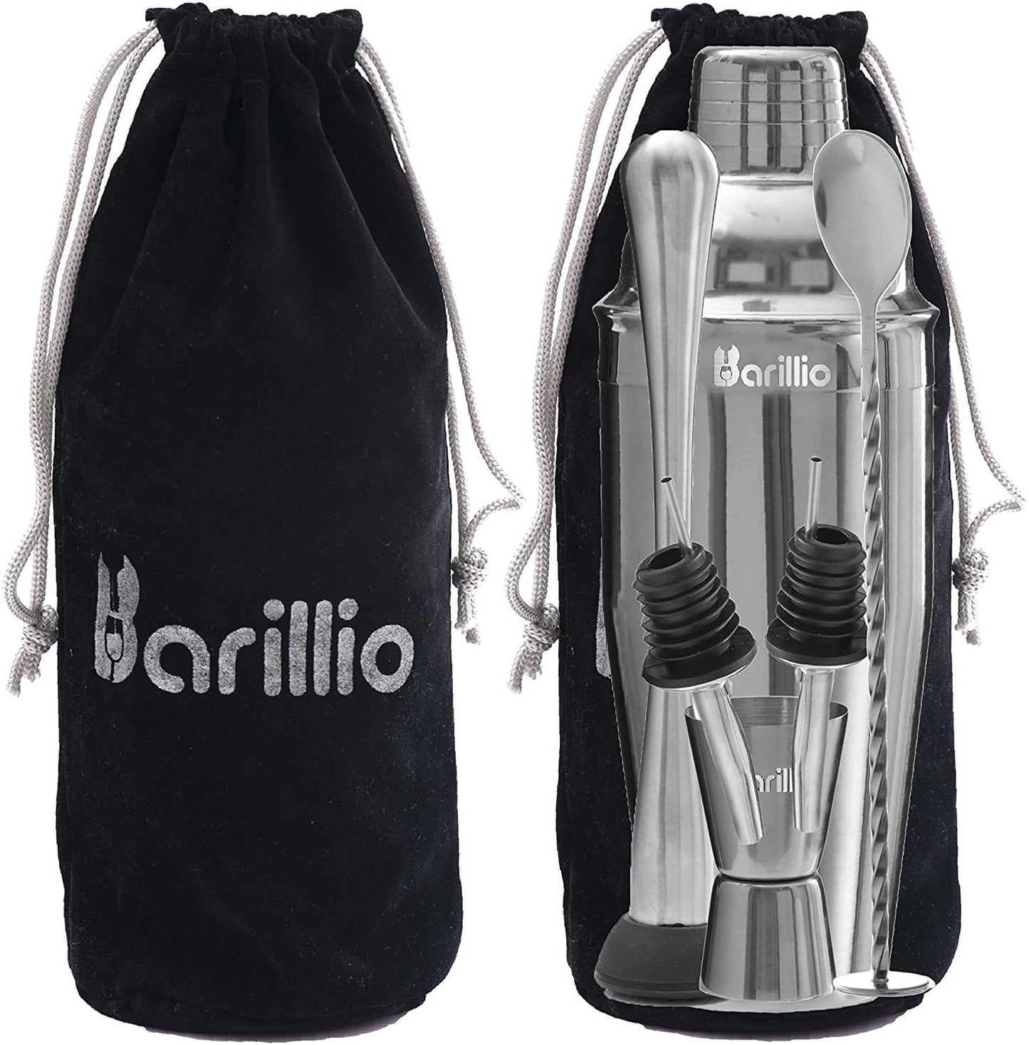 Barillio Mixology Bartender Kit - 8 pcs Stainless Steel Travel Cocktail Shaker Set with Bag - Bar Tools Set with Martini Shaker, Drink Mixer Spoon & Mojito Muddler for Cocktails, Pourers & Jigger