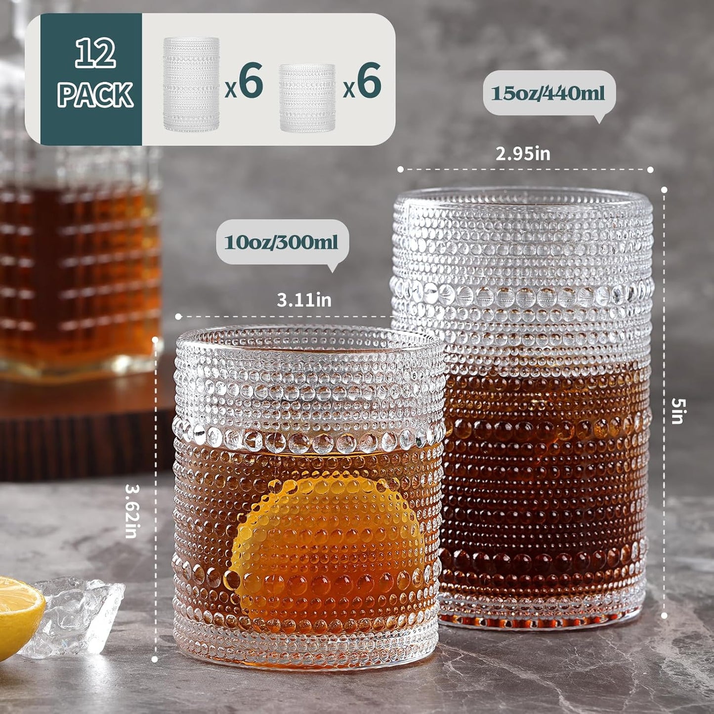 Moretoes Hobnail Drinking Glasses Set of 12, Vintage 15 Oz Highball Glasses & 10 Oz Cocktail Glasses, Clear Embossed Boho Glass Cups Kitchen Bar Tumbler Glassware Set for Whiskey, Beer, Juice, Milk