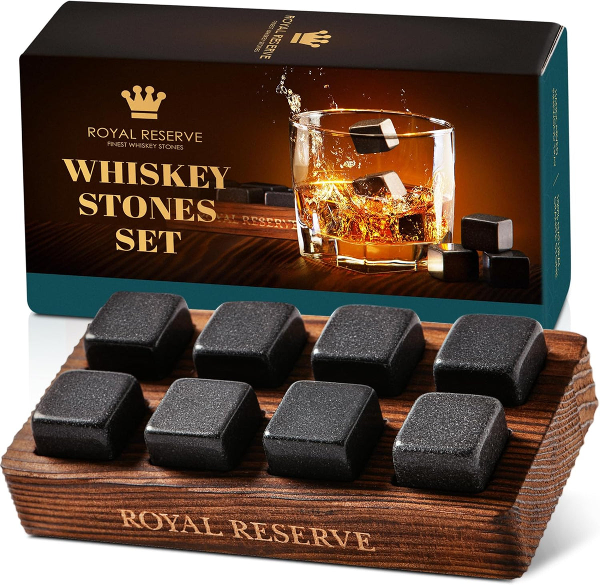 Whiskey Stones Gift Set for Men, 8 Granite Chilling Rocks with Wooden Tray - Brown Tray