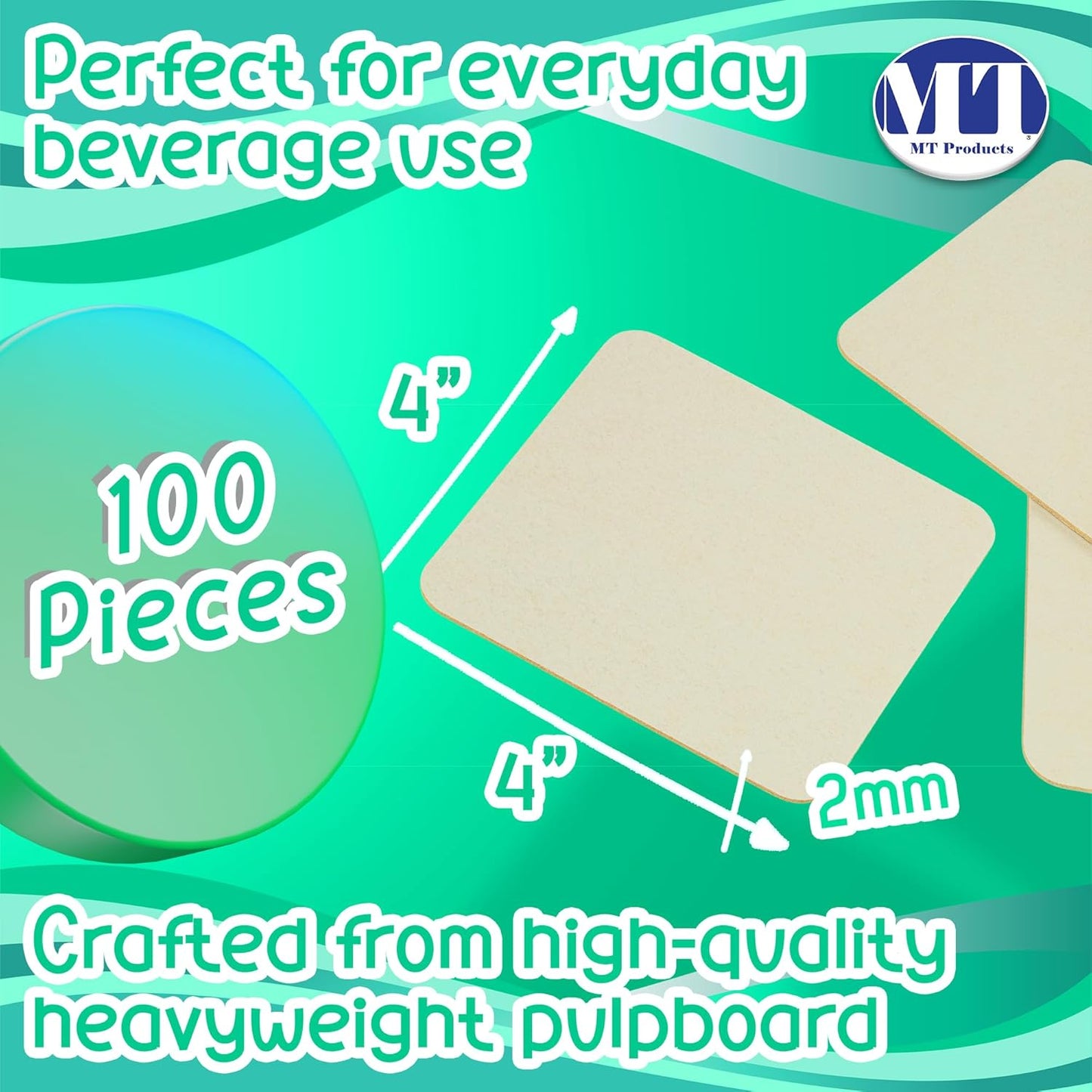 MT Products 4” Blank Off-White Heavyweight Cardboard Square Coasters for Your Beverages 2 MM Thickness (100 Pieces) - Made in The USA