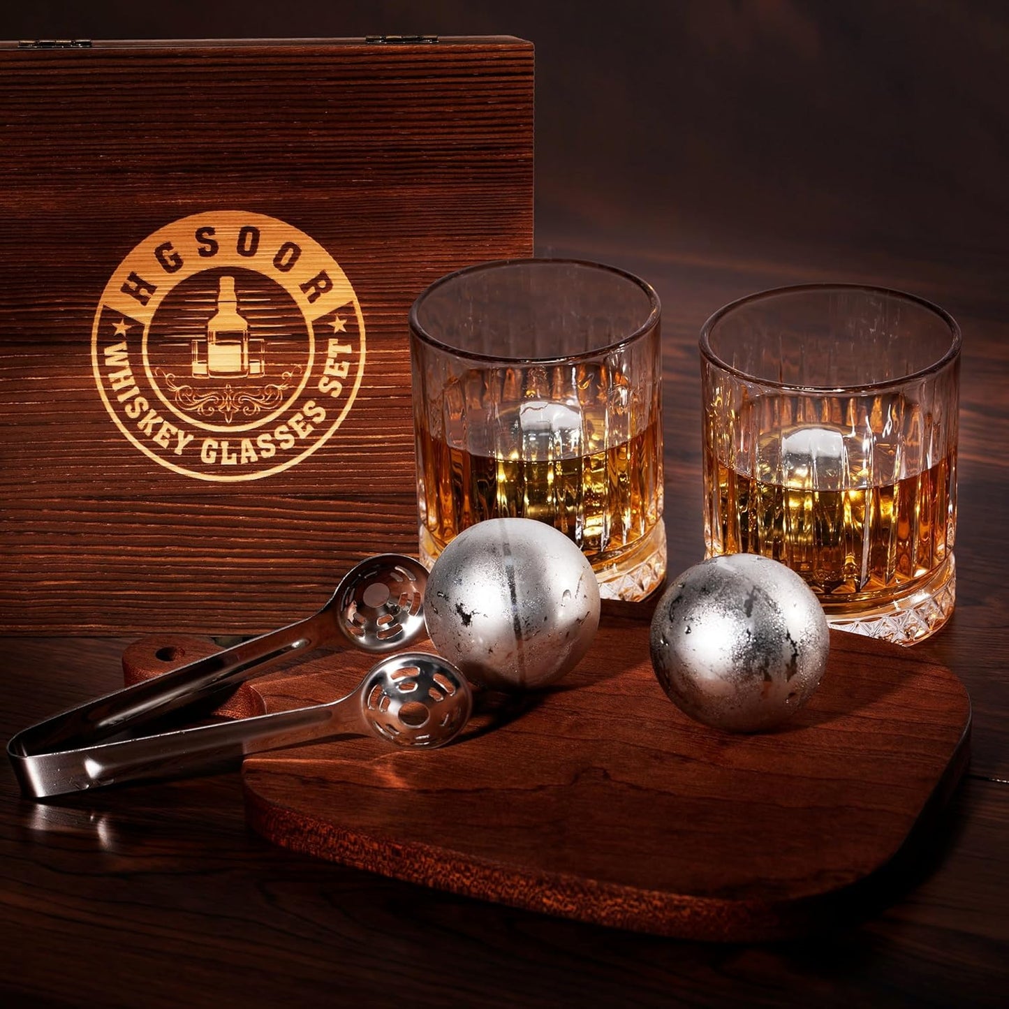 Whiskey Set Gifts for Men - Whisky Glass Set with 2 Large Stainless Steel Chilling Balls -Father's Day Anniversary Birthday Gifts for Men Dad Husband Him Boyfriend