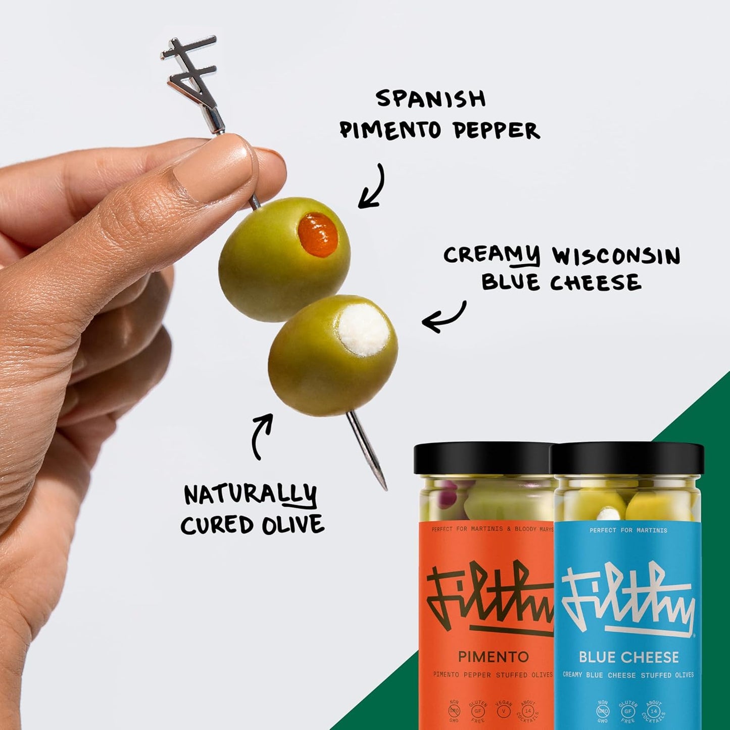 Filthy Martini Cocktail Kit, Premium Cocktail Kit, Includes Olive Brine, Pimento Stuffed Olives, Blue Cheese Stuffed Olives & 4 Stainless Steel Cocktail Picks, Non-GMO, Gluten Free