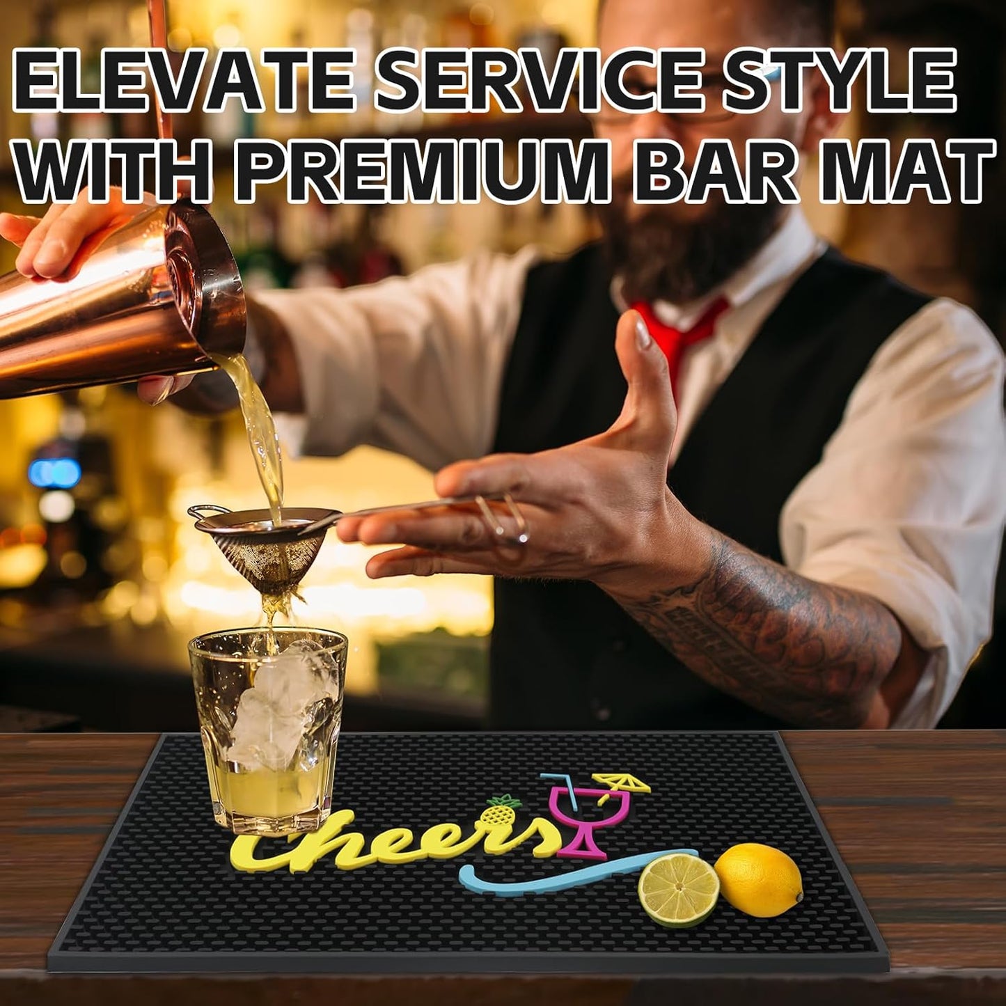 Cheers Bar Mats for Bartending, 18"x12" Large Thick Rubber Non-Slip Spill-Proof Tiki Bar Mat, Bartender Mat for Home Coffee Bar Cocktail Accessories