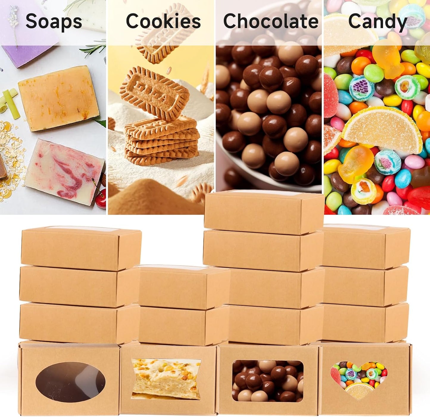RYKOMO 60 PCS Kraft Soap Boxes with Window - Mini Soap Gift Boxes for Homemade Bakery, Candy, Cookies Packaging - 3.55 x 2.4 x 1.2 Inch