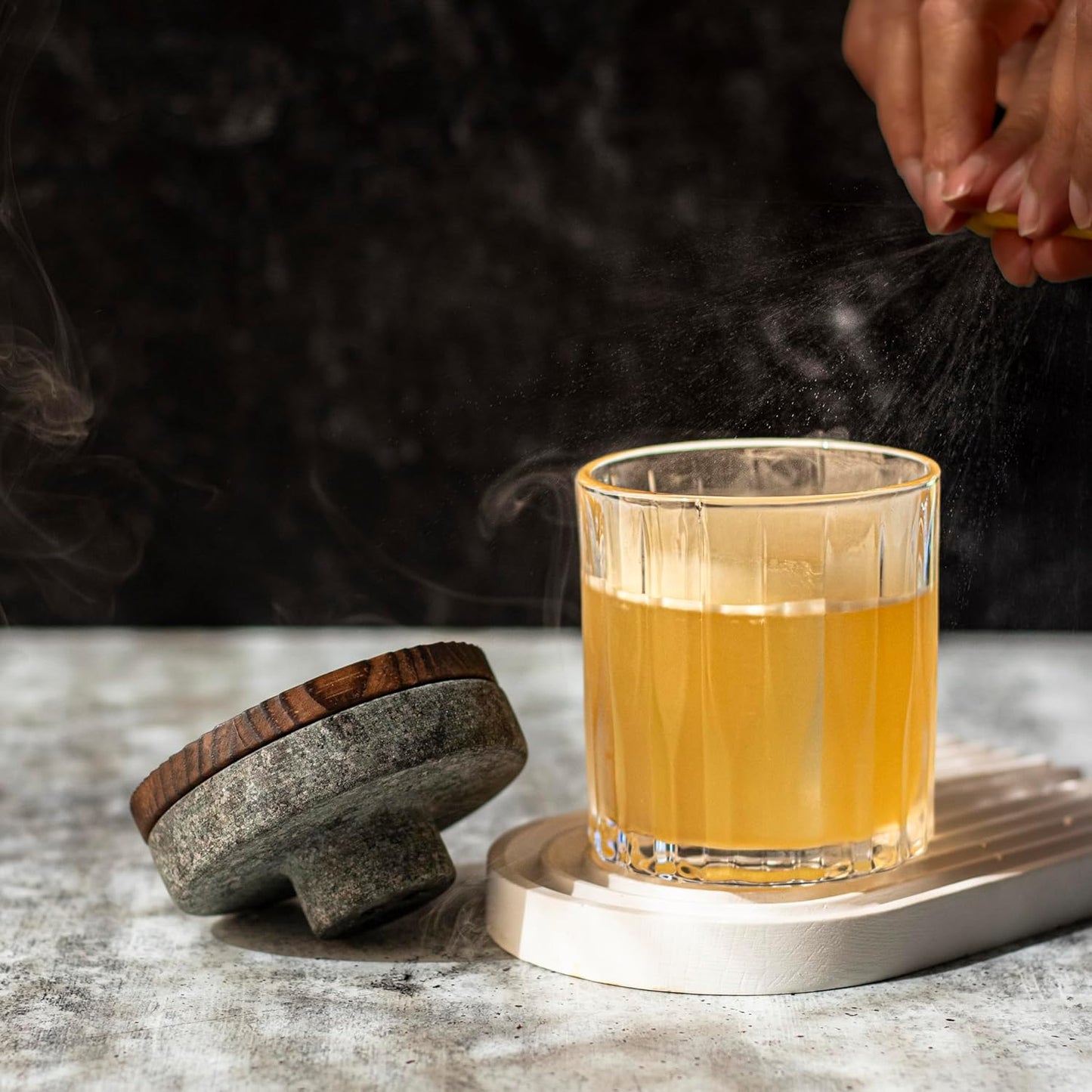 Cocktail Smoker Kit in Granite Stone with Torch - Premium Whiskey Smoker Kit for Old Fashioned & Bourbon - Infuse with 4 Flavors Wood Chips - Barware Gift Set for Whiskey Lovers (No Butane)