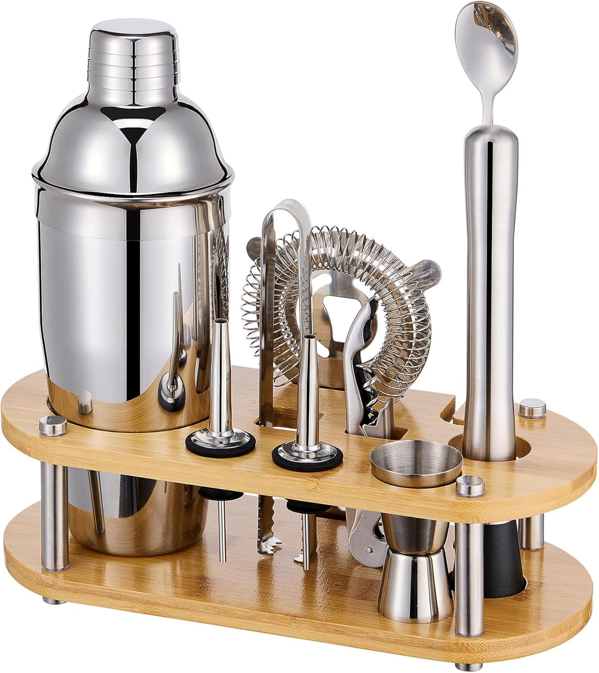 Wukuna Cocktail Shaker Bartender Kit, 11 Pcs Bar Tool Set with Bamboo Stand - Silver