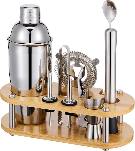 Wukuna Cocktail Shaker Bartender Kit, 11 Pcs Bar Tool Set with Bamboo Stand - Silver