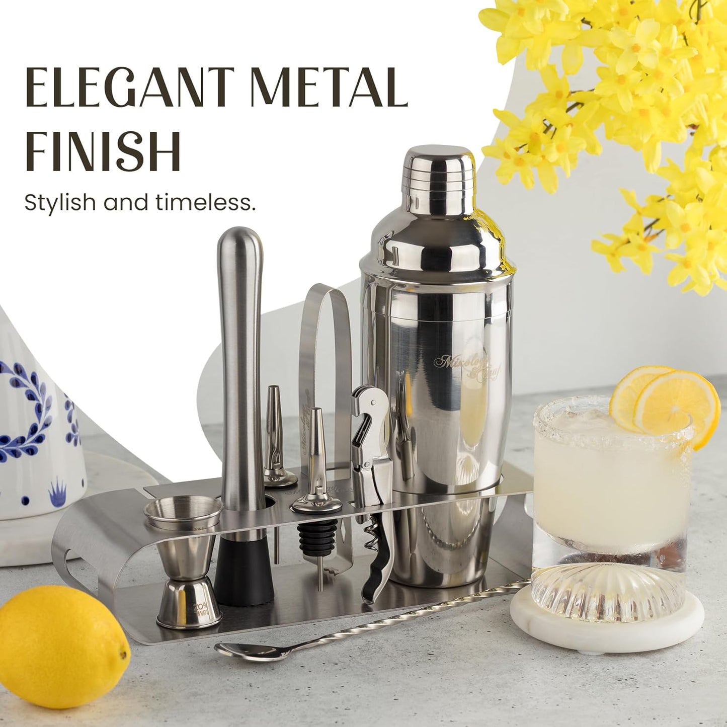 Mixology & Craft 9-Piece Cocktail Shaker Set with Sleek Metal Stand - 24oz Stainless Steel Bartender Kit - Professional Bar Tools: Built-in Strainer, Jigger, Muddler, Tongs, Spoon & Recipe Cards