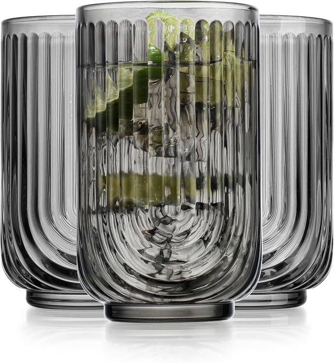 Glaver's Vintage Glassware Art Deco Glasse Ribbed Drinking Glasses U-Shape Arch Design Colored Cocktail Kitchen Tumblers Everyday Dinner Decorative Party (Clear S/4 11oz) - Smoke S/4 17oz