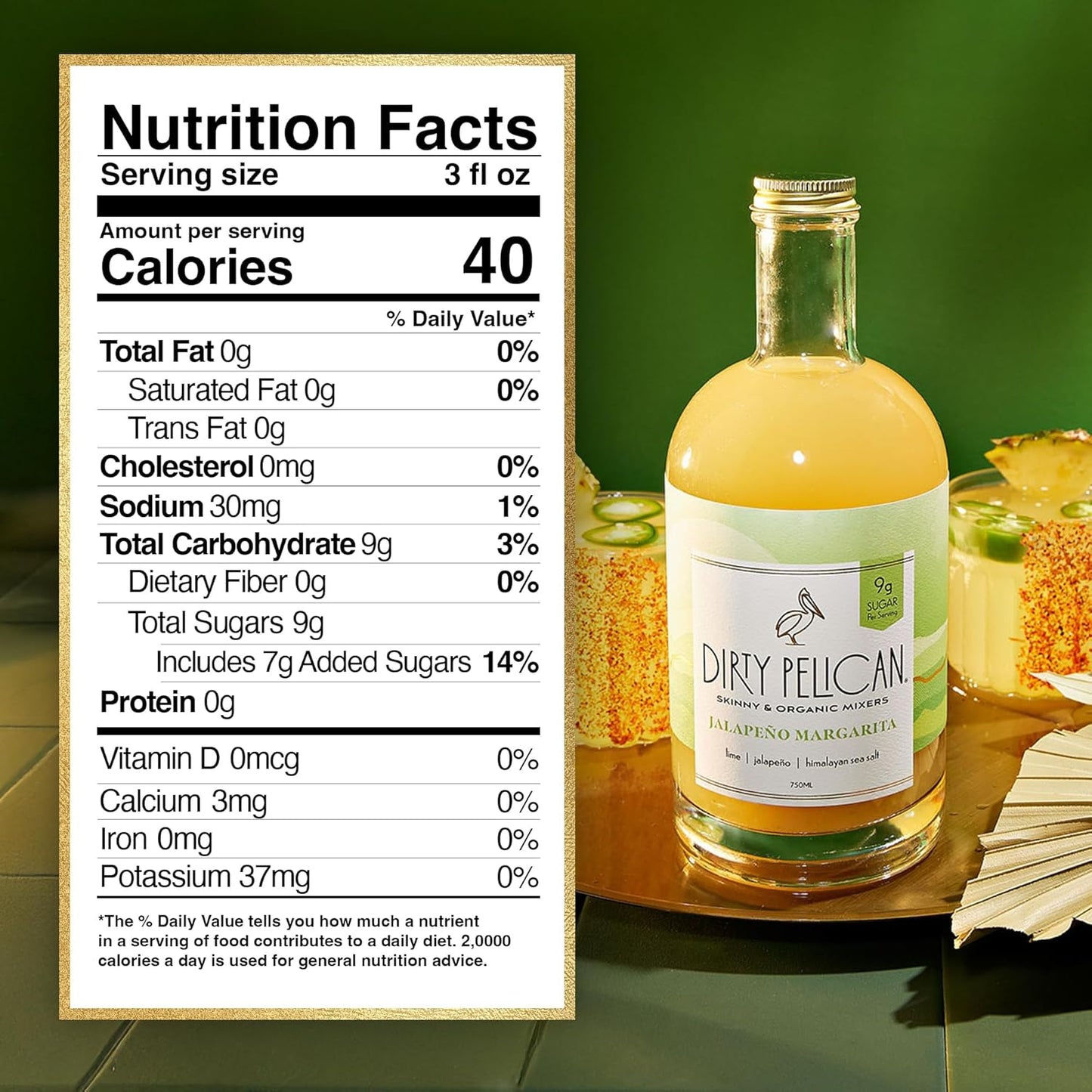 Dirty Pelican Cocktail Mixers - Spicy Jalapeno Margarita - Skinny & Organic Drink Mixes for Cocktails - Low Calorie Mocktails - Low Sugar - Vegan - Gluten Free - No Preservatives - 750ml (1 Bottle)