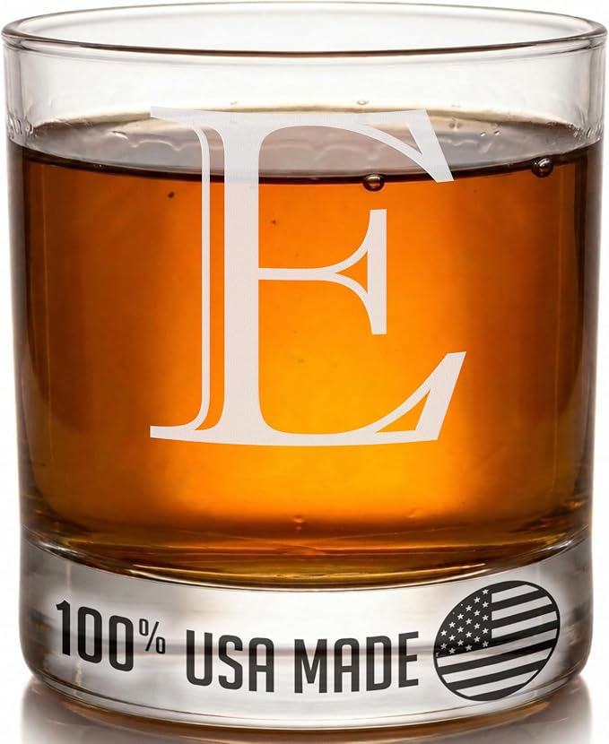 Etched Monogram 11oz Whiskey Rocks Glass (Letter J), A-Z Customized Bourbon Gifts for Men, Father’s Day, Personalized Old Fashioned Scotch Glass, Custom Engraved Gifts for Him, Initial, Name - Clear Etch E