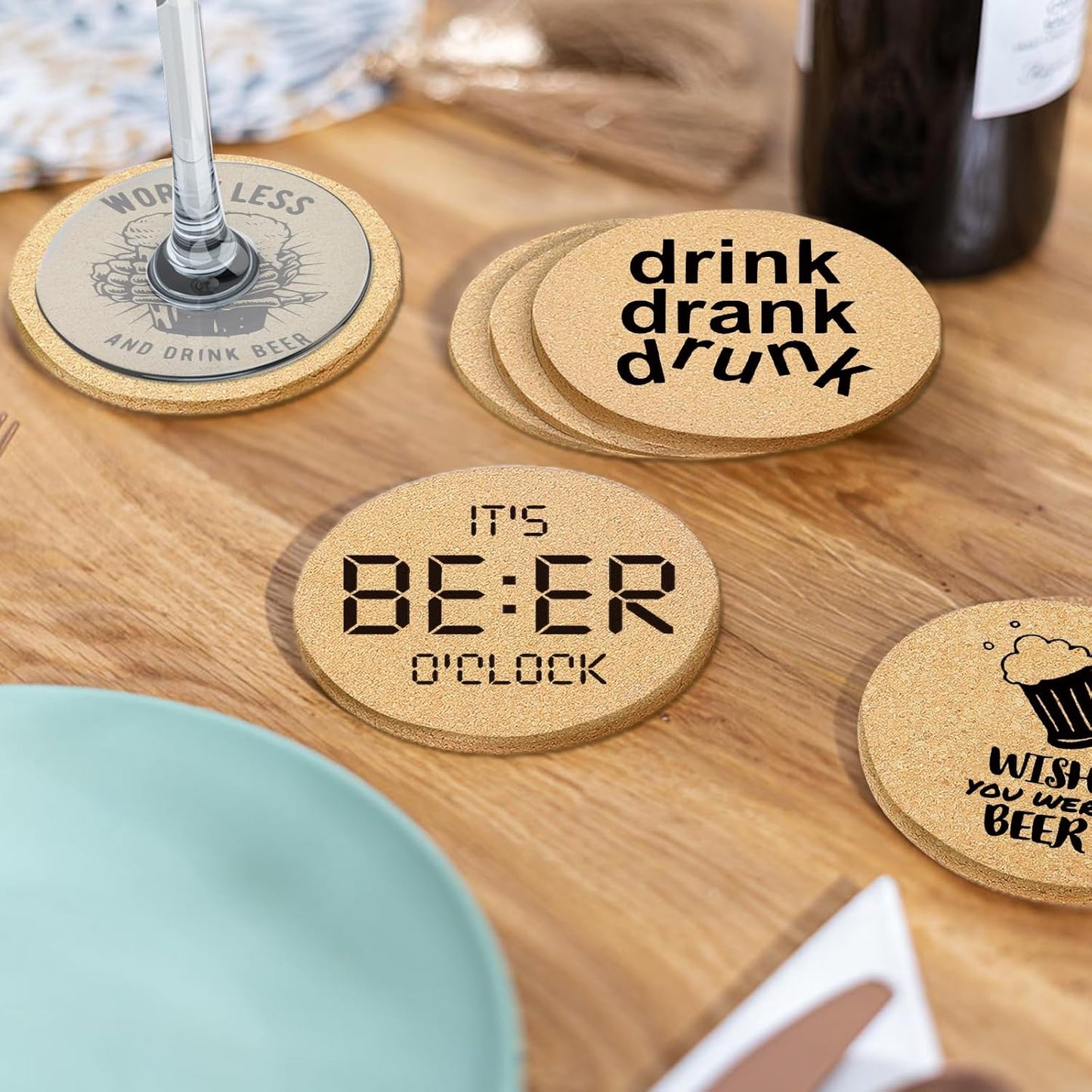 Coasters for Drinks with Holder Set of 6, Absorbent Cork Wood Coaster for Cup Desk Office Table Kitchen Decor House Warming Gifts for New Home Couples, Round 4"