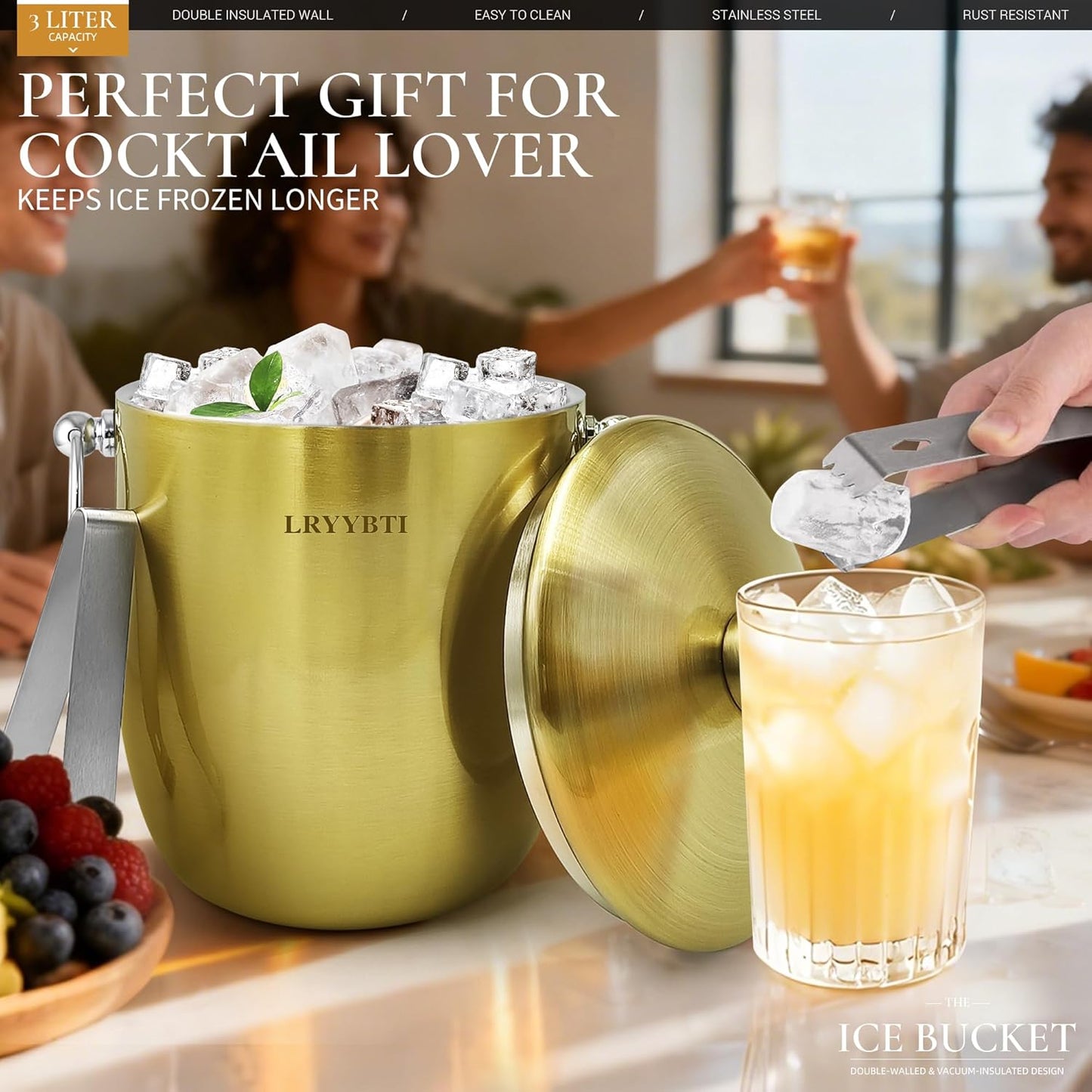 Ice Buckets for Parties with Lid,Tongs and Strainer (3L/Gold) Double Wall Stainless Steel Ice Bucket Keeps Frozen Longer,Ideal Perfect for Parties, Cocktail bar, Chilling Wine, Champagne