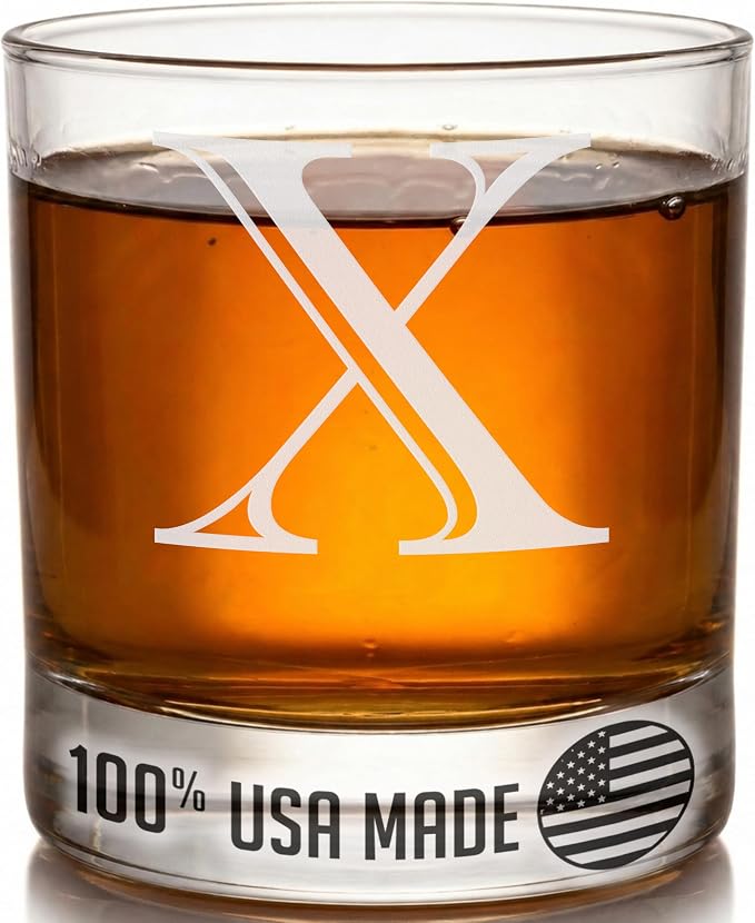 Etched Monogram 11oz Whiskey Rocks Glass (Letter J), A-Z Customized Bourbon Gifts for Men, Father’s Day, Personalized Old Fashioned Scotch Glass, Custom Engraved Gifts for Him, Initial, Name - Clear Etch X