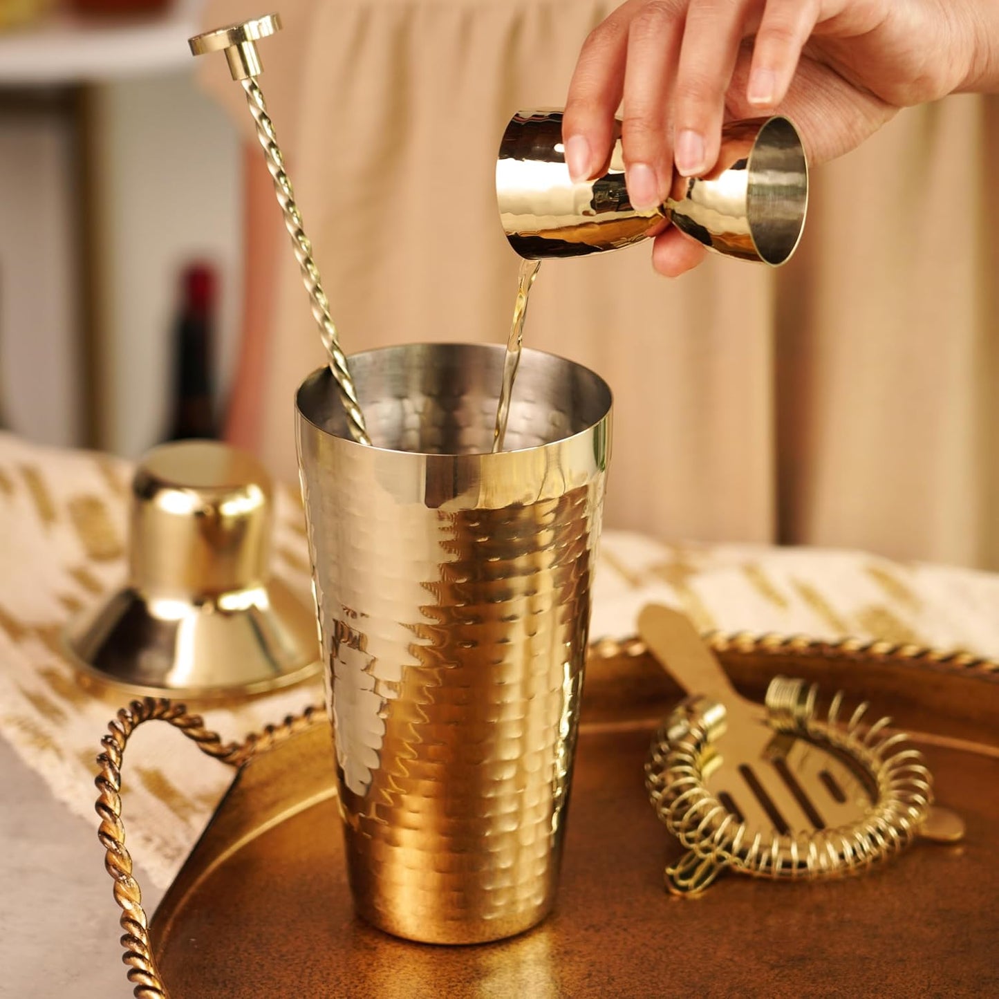 Twine 4-Piece Gold Hammered Cocktail Shaker Set Includes Cobbler Shaker, Strainer, Jigger, Bar Spoon for Classic Cocktails, Mixed Drinks, Cold Brew, Home Bar Tools, Bartender Kit, Bar Cart Accessories