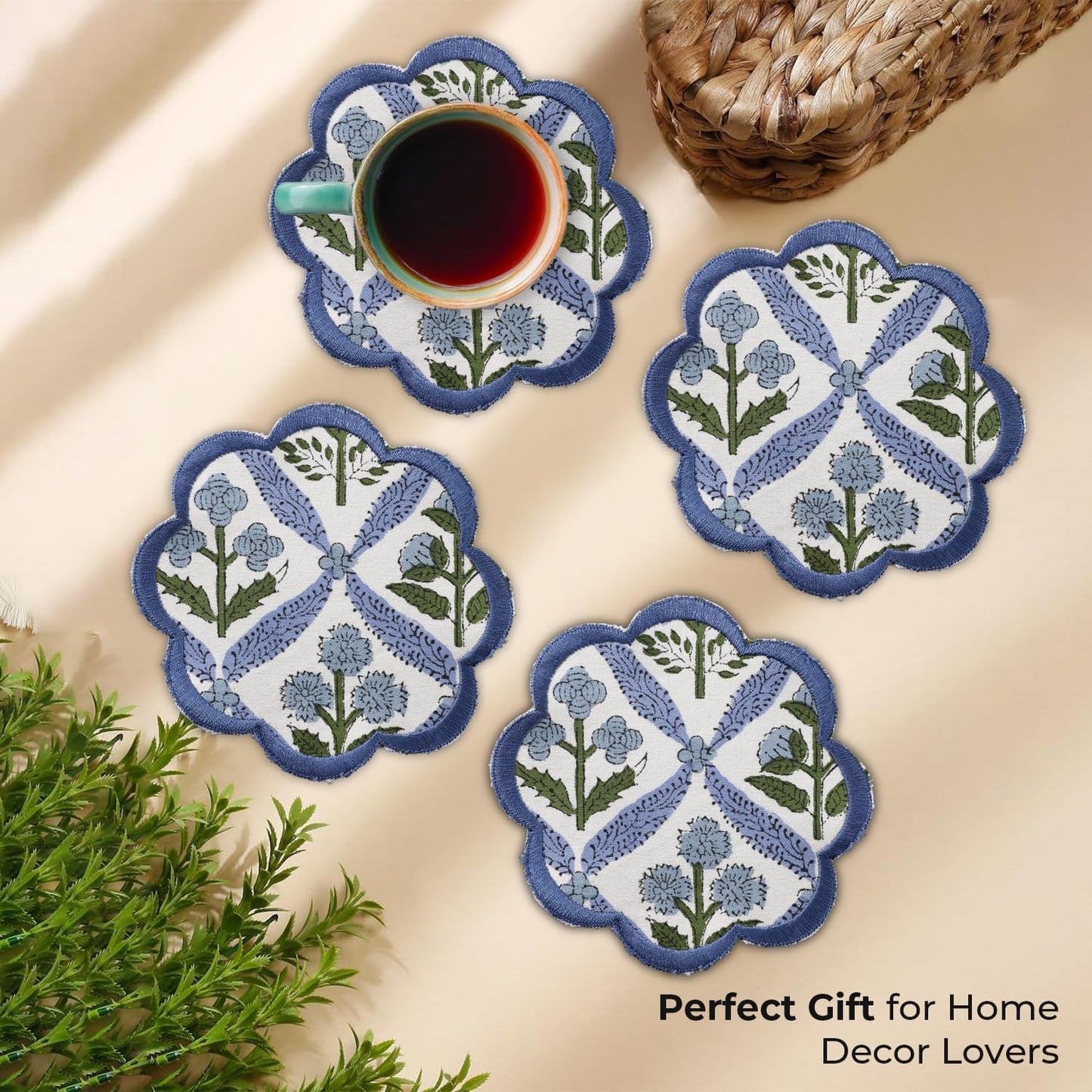 Ridhi Hand Block Print 8- pcs Canvas Cotton Drink Absorbent Stylish Embroidery Scallop Coaster Set Boho Modern Home Decor and Wooden Table Protection 5 inch Light Steel Blue