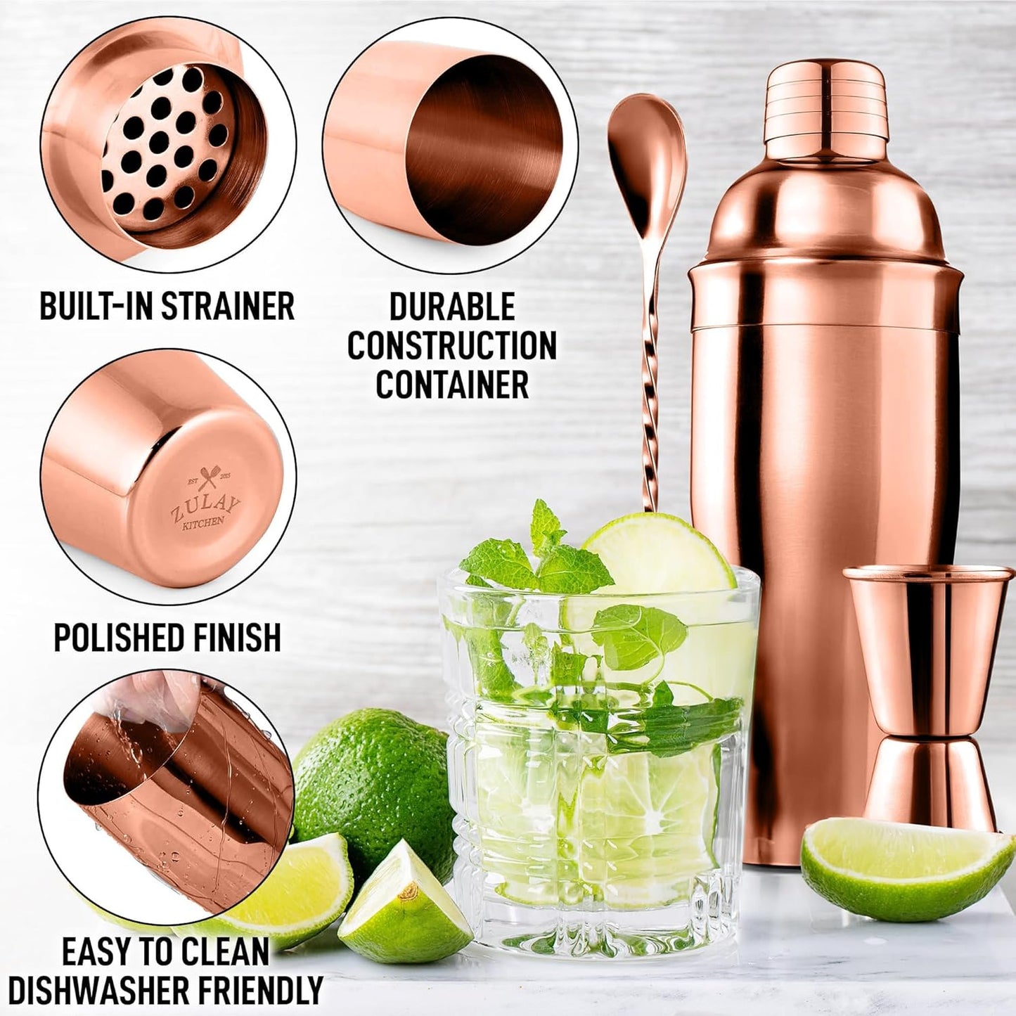 Zulay Cocktail Shaker Set - Stainless Steel Mixed Drink Shaker - Martini Shaker Set with Build in Strainer, Double Sided Jigger & Muddler Combo Mixing Spoon - Pro Margarita Shaker - Large 24oz