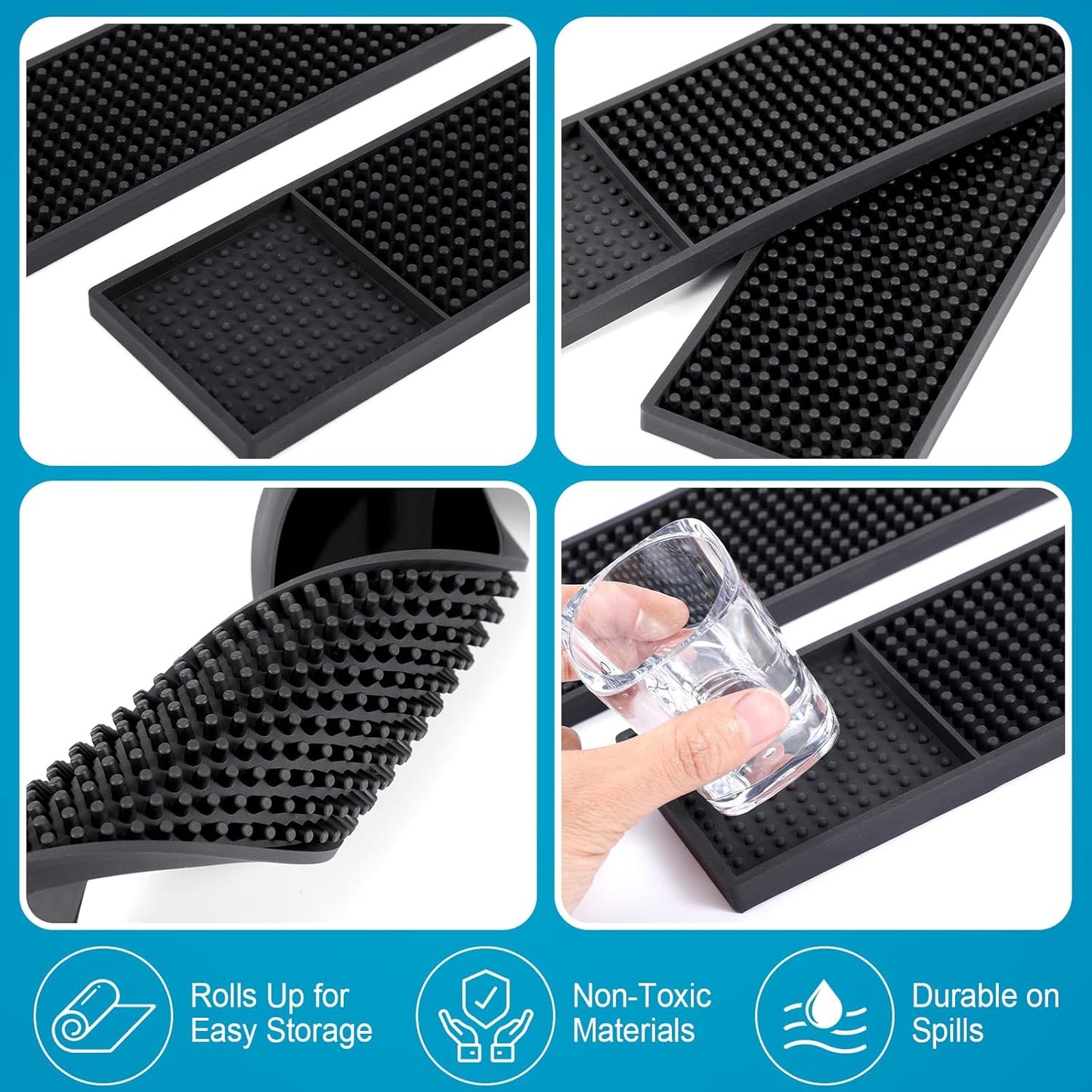 Jingmore 4 Pcs Thick Rubber Bar Mats for Bartending, Durable Non-Slip Spill Mat for Countertop, Home Kitchen, Coffee Bars, and Restaurants Accessories, Black(18" X 12"+24" X 3")