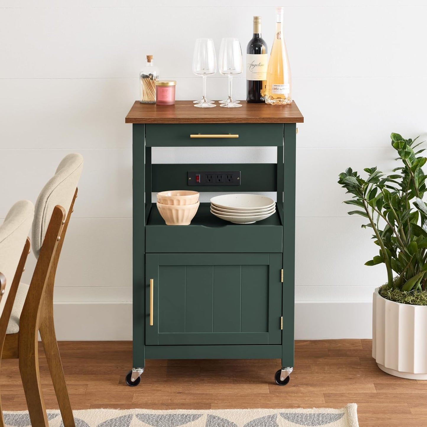 Best Choice Products Rolling Kitchen Island Cart, Single Door Cabinet W/Drawer, Sliding Tray, Outlet, Swivel Lockable Wheels, Hooks, Coffee Cart, Microwave Stand, for Dining Room - Forest Green