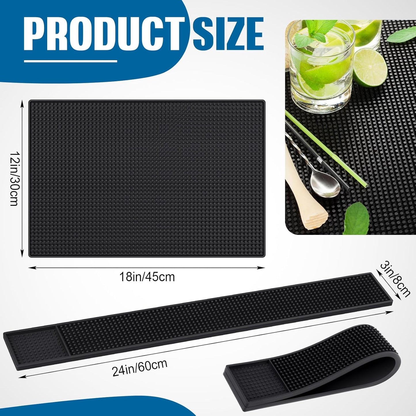 Jingmore 4 Pcs Thick Rubber Bar Mats for Bartending, Durable Non-Slip Spill Mat for Countertop, Home Kitchen, Coffee Bars, and Restaurants Accessories, Black(18" X 12"+24" X 3")