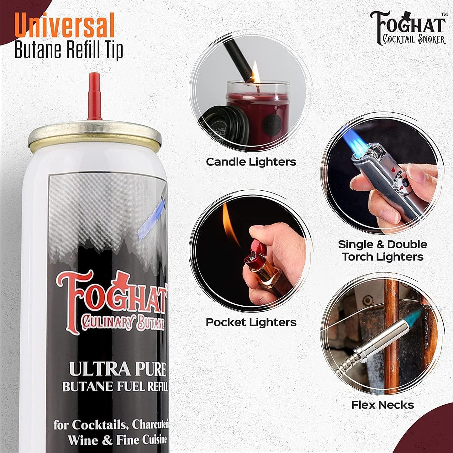 Foghat Culinary Butane Fuel Refill (60ml) Torch Lighter Butane Refill Canister - Fits All Kitchen Smoking Torches - Food Grade, Ultra Refined For Cocktail Smoker Kit, Creme Brulee Torch