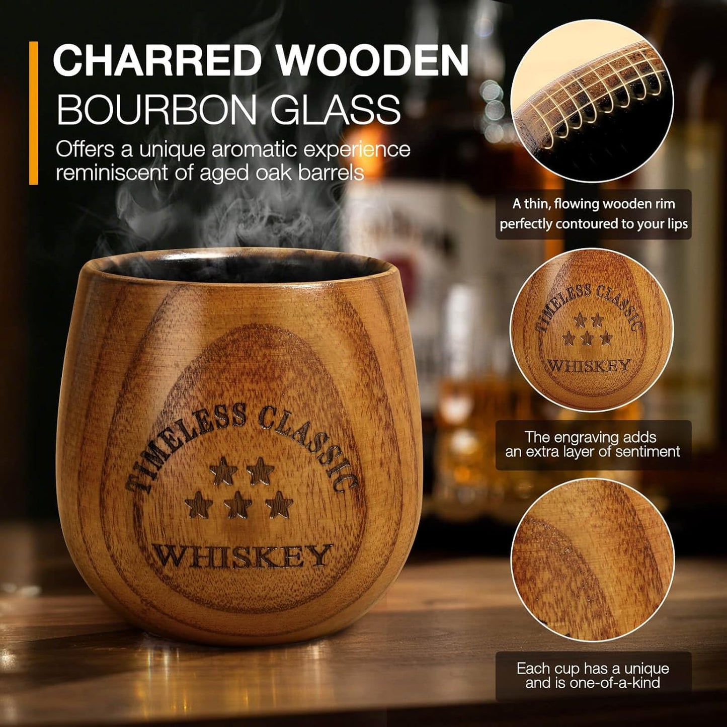 SALUNA Wooden Whiskey Glass Set - Charred Wooden Bourbon Drinking Glass, Whisky Glasses Bourbon Gifts for Men, Dad or Brother on Birthday Christmas Anniversary Retirement 10 OZ