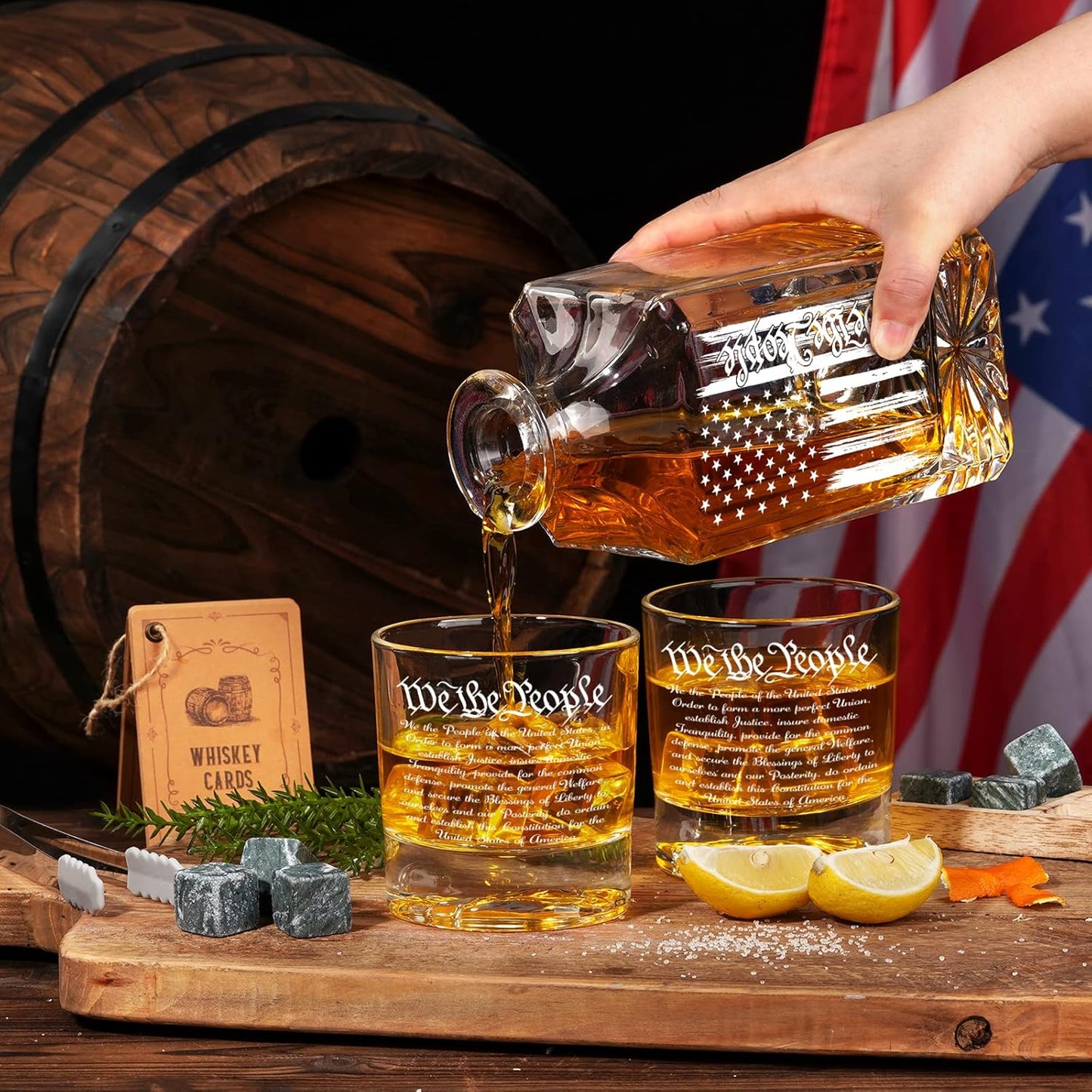 PONPUR 250th Anniversray Whiskey Decanter Engraved We The People American Flag, 750ml Whiskey Decanter Set with 2 Glasses, Boss Day Patriotic Birthday Gifts For Men Dad, Liquor Scotch Bourbon Presents