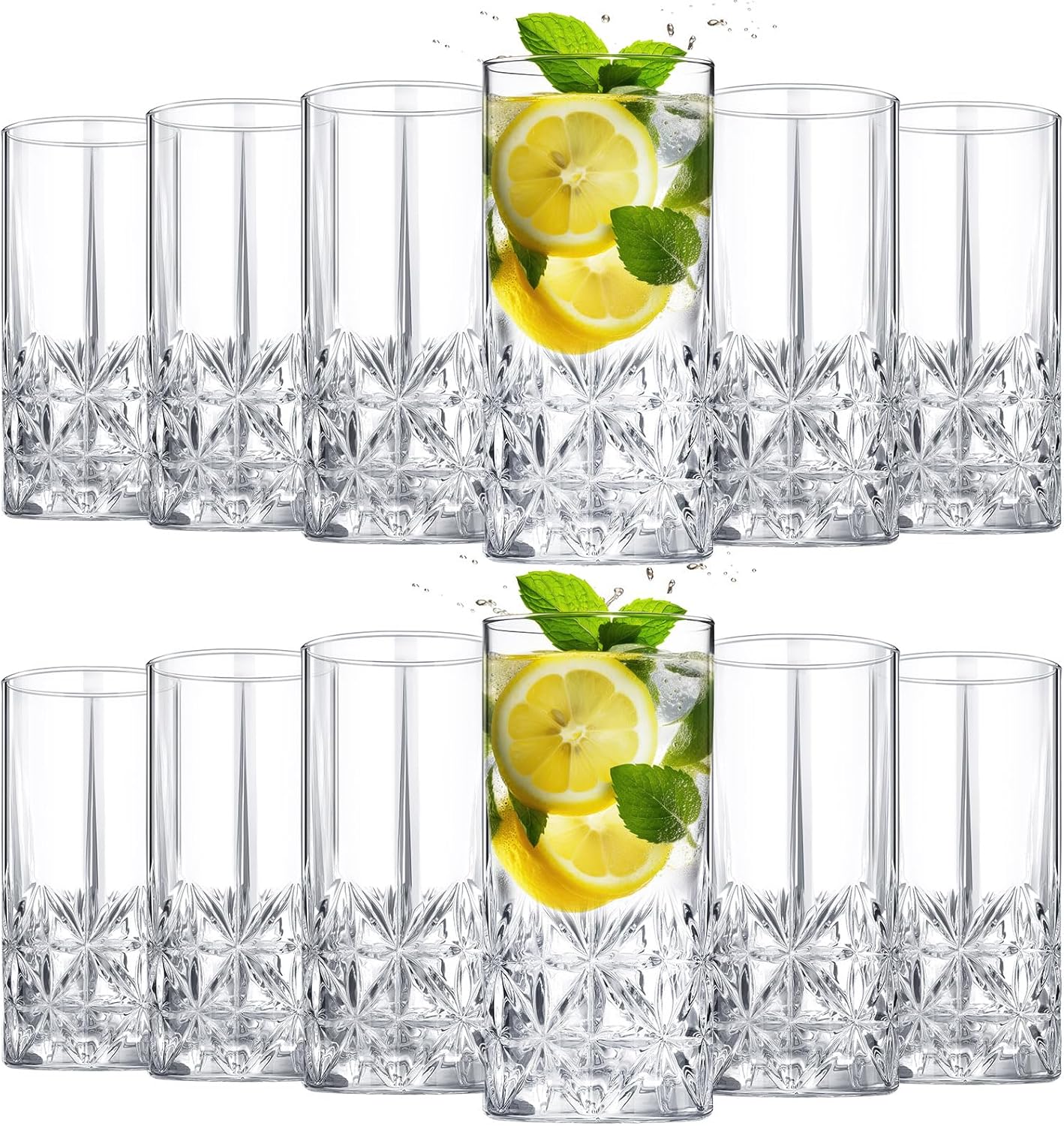 Uiifan Set of 12 Tall Highball Glasses 12 oz Crystal Drinking Glasses Clear Fancy Cups Vintage Textured Designer Glassware for Cocktail Tea Water Beer Soda Beverages, Dishwasher Safe(Stylish Style)
