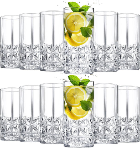 Uiifan Set of 12 Tall Highball Glasses 12 oz Crystal Drinking Glasses Clear Fancy Cups Vintage Textured Designer Glassware for Cocktail Tea Water Beer Soda Beverages, Dishwasher Safe(Stylish Style)
