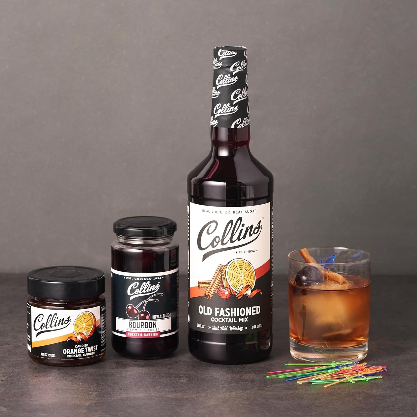 Collins Old Fashioned Kit, Cocktail Gift Set with Old Fashioned Mix, Bourbon Cherries, Candied Orange Garnish & Picks, Mixology Gift Set of 4 for Party Drinks, Holiday Celebrations and Christmas Gifts