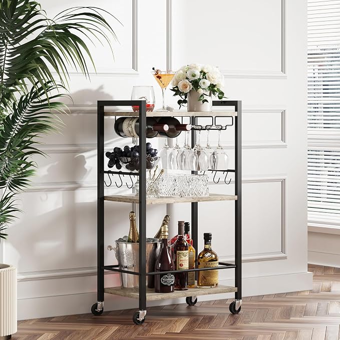 TUTOTAK Bar Cart with Wheels, Mini Drink Cart with Wine Rack & Glass Holder - B0DFBGTSHM