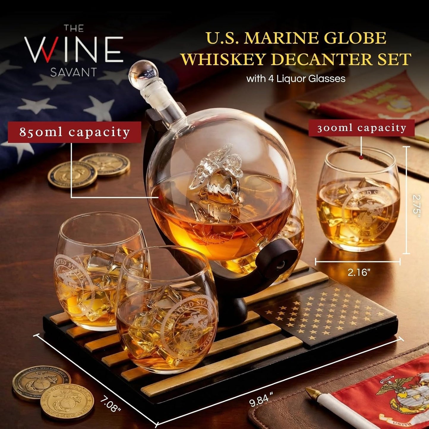 U.S. Marine Globe Whiskey Decanter Set with 4 Liquor Glasses - Wood Flag Base Marine Veteran Gift Set - Navy Gifts Men, Dad, U.S.A Flag - Bourbon & Scotch Military Gift for Father