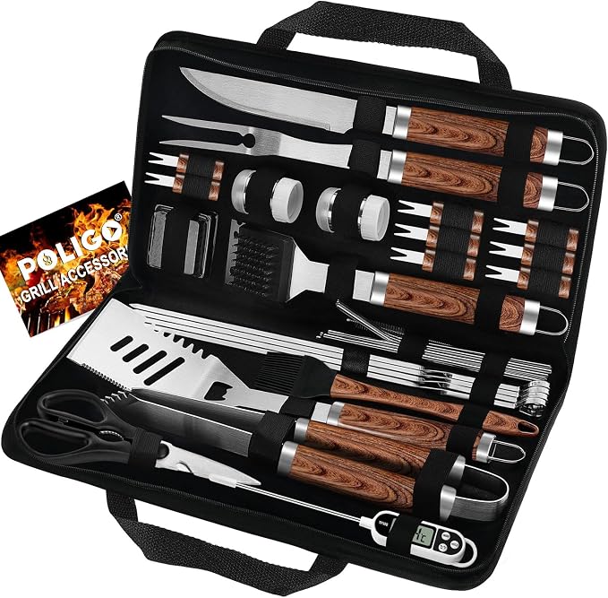 POLIGO 29 PCS BBQ Grill Accessories Stainless Steel BBQ Tools Grilling Tools Set with Storage Bag for Fathers Day Dads Birthday Presents - Camping Grill Utensils Set Ideal Grilling Gift for Men Silver - B0DGCDH6R8