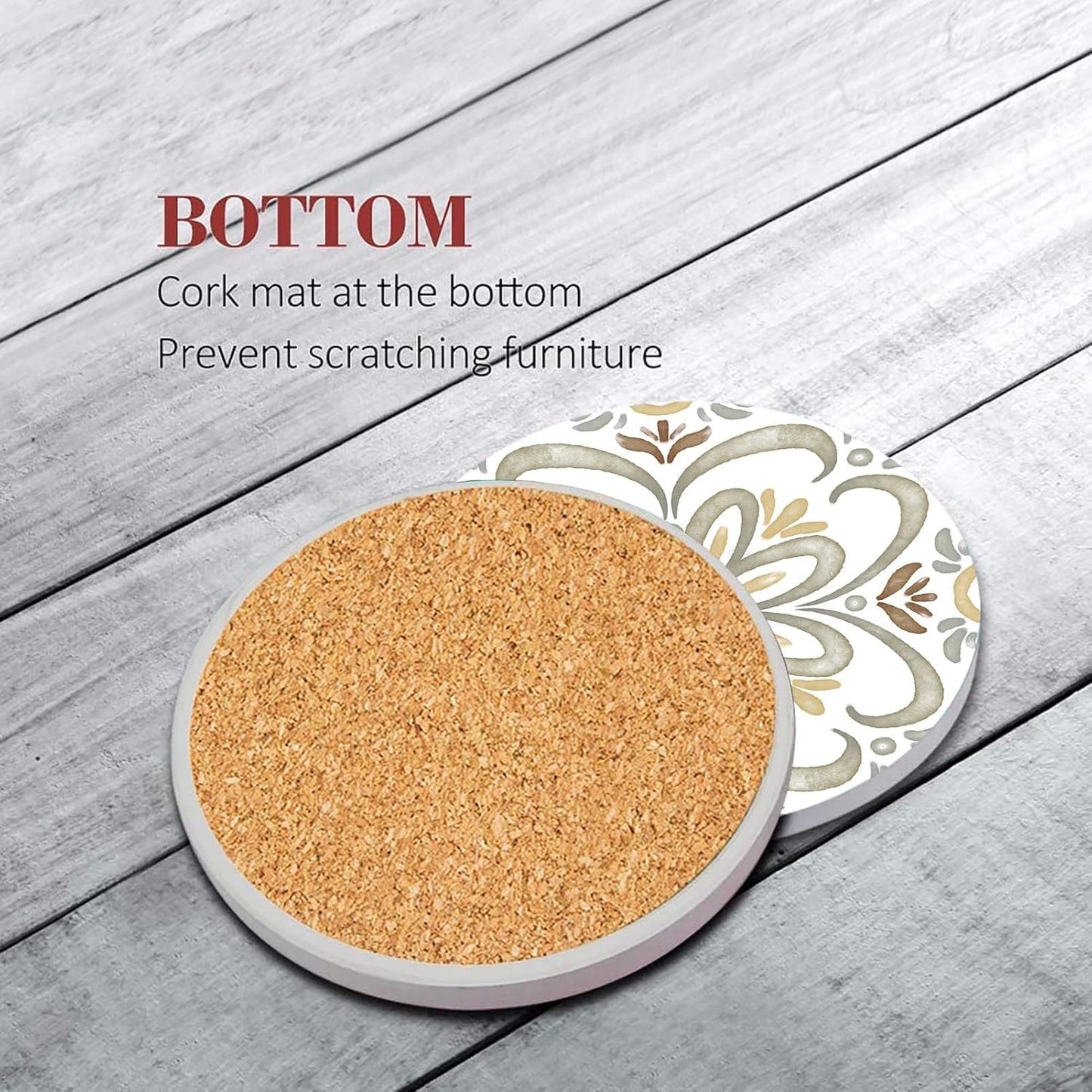Coaster for Drinks Set of 6, Ceramic Gray Moroccan Talavera Absorbent Round Ceramic Stone Mat, with Cork Base and Metal Holder, Gift for Housewarming Room Bar Decor