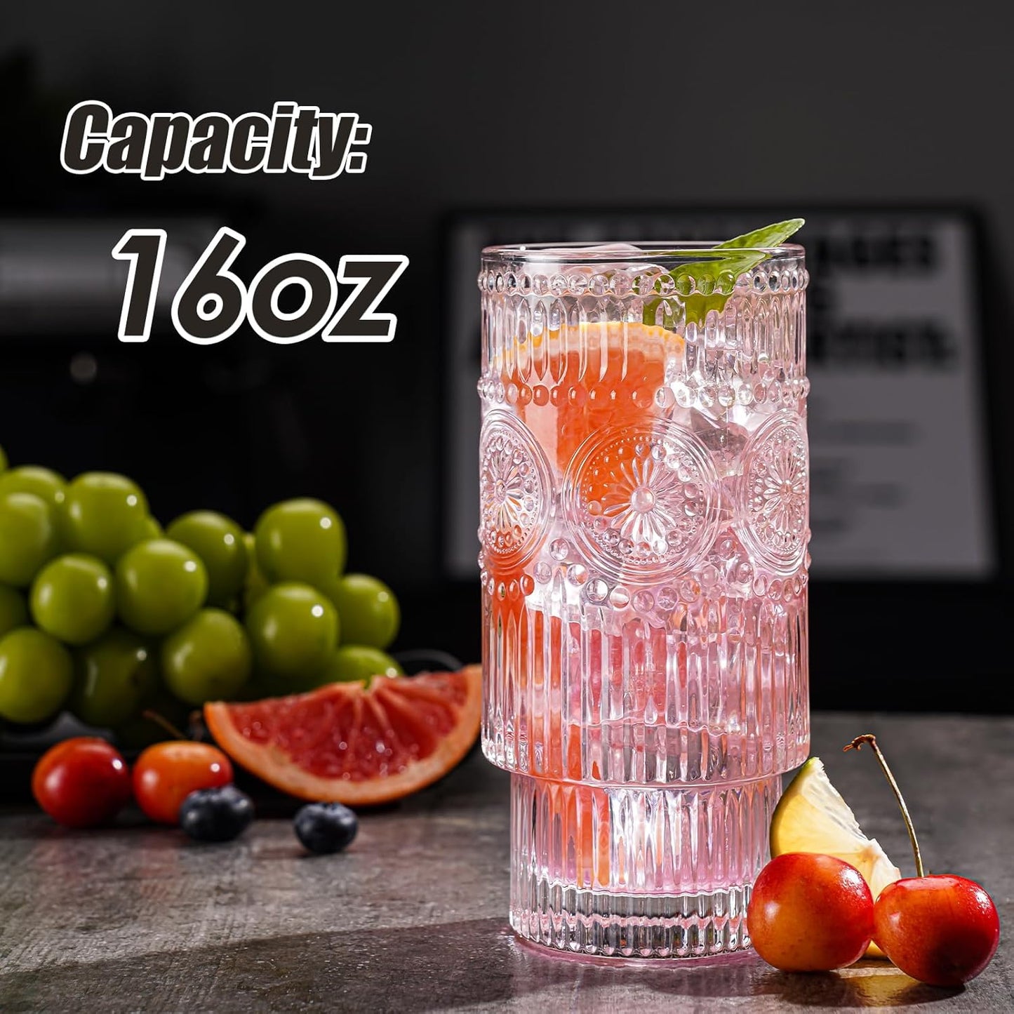 Embossed Designed Glasses, 8pcs Highball Glasses, 16oz Vintage Ribbed Striped Glassware for Cocktail, Whiskey, Juice