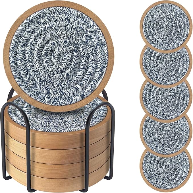 Wood Coasters for Drinks, Eykao Absorbent Coaster Sets of 5, Woven Drink Coasters for Coffee Table, Housewarming Gift for Farmhouse Home Decor,4 inches - Mixed Blue (With Holder)